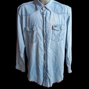 Vintage Men's Cowboy Shirt XL Wrangler Western Faded Rancher Denim Snap 1990s